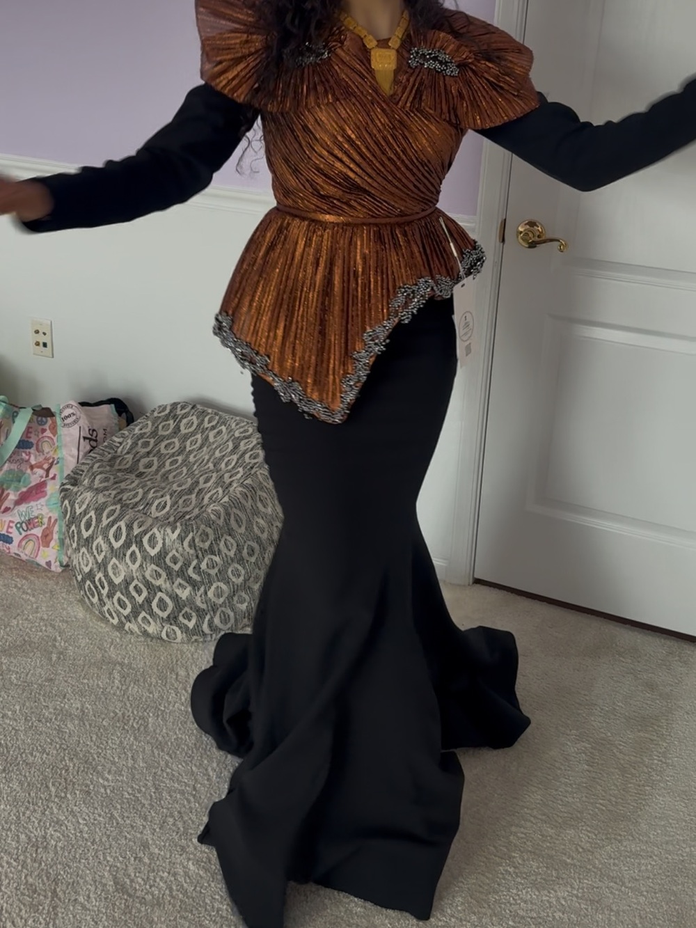 Pleated Metallic Copper Peplum Modest Evening Gown Dress